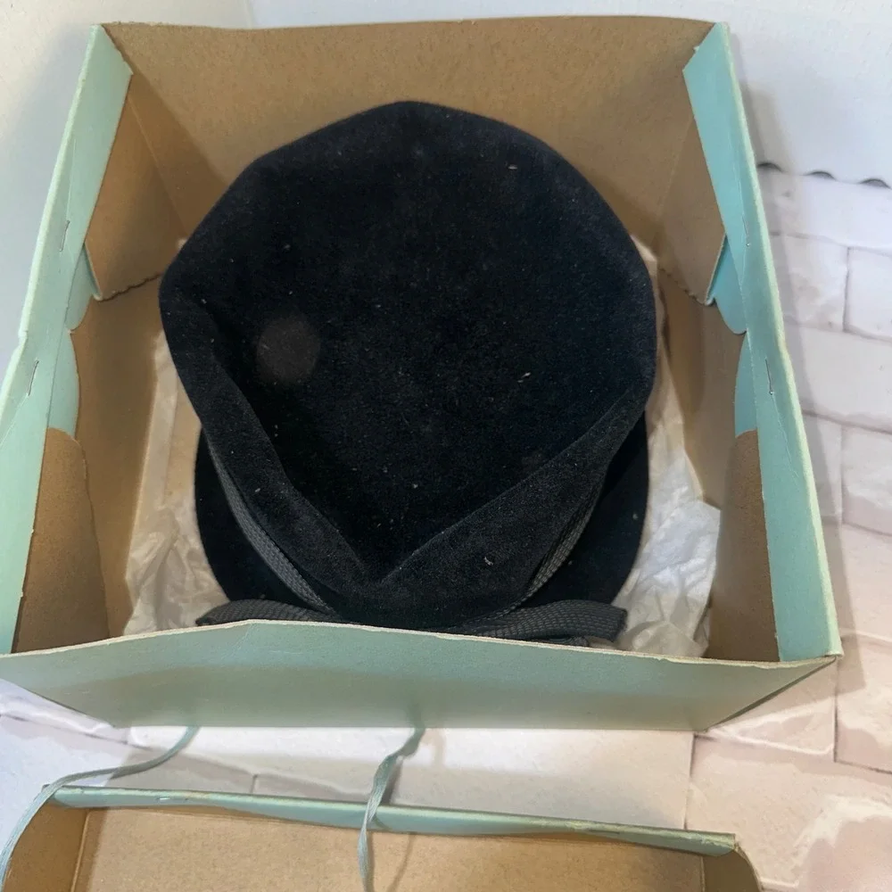 Vintage LS Ayres & Co Black Felt Pillbox Hat with Bow and Original Box